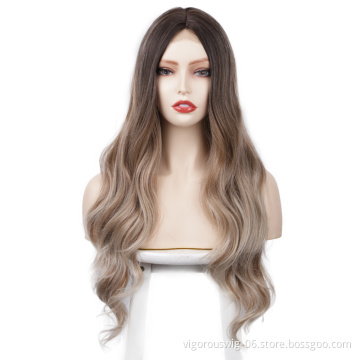 Vigorous Cheap U part Lace 100% Swiss Lace Front Ombre Wig Synthetic Hair Long Wavy Lace Frontal Colored Wigs For Black Women